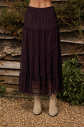 RUFFLE TIERED MIDI SKIRT - CHOCOLATE BROWN