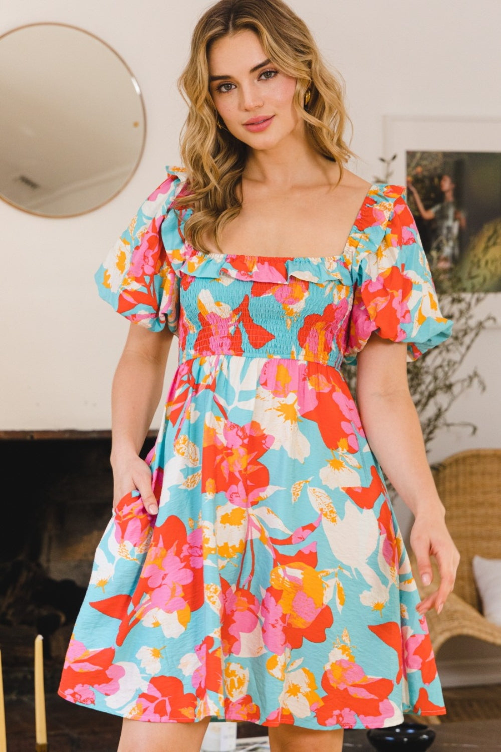 Smocked Puff Sleeve Mini Dress