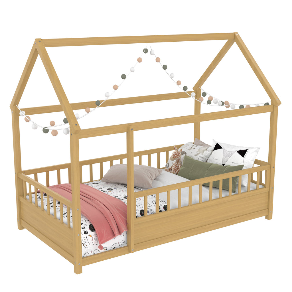 Twin Size Floor Wooden Bed with House Roof Frame - Pine