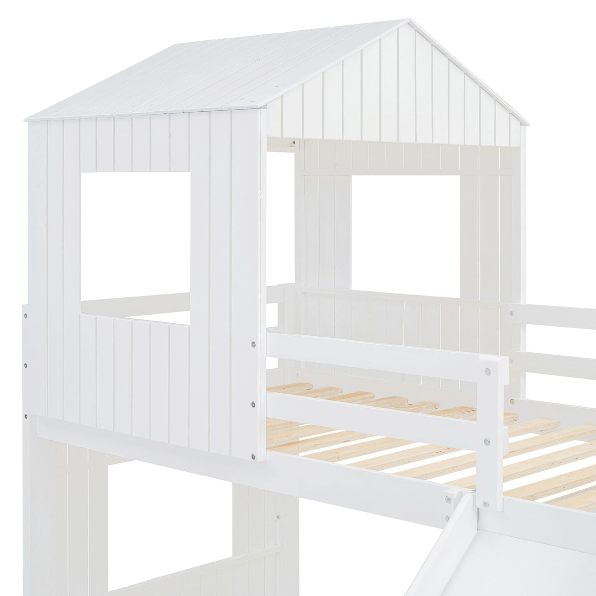 Loft Bunk Bed With Playhouse, Slide, and Guardrails - Twin Over Full
