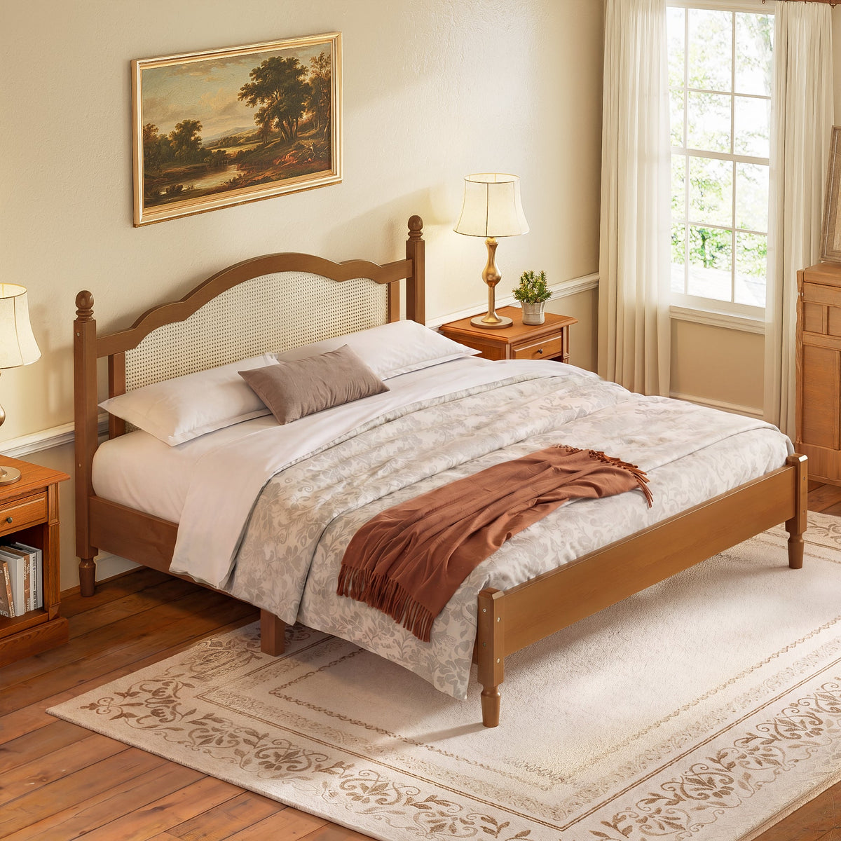 King Size Wooden Platform Bed with Rattan Headboard - Natural Wood