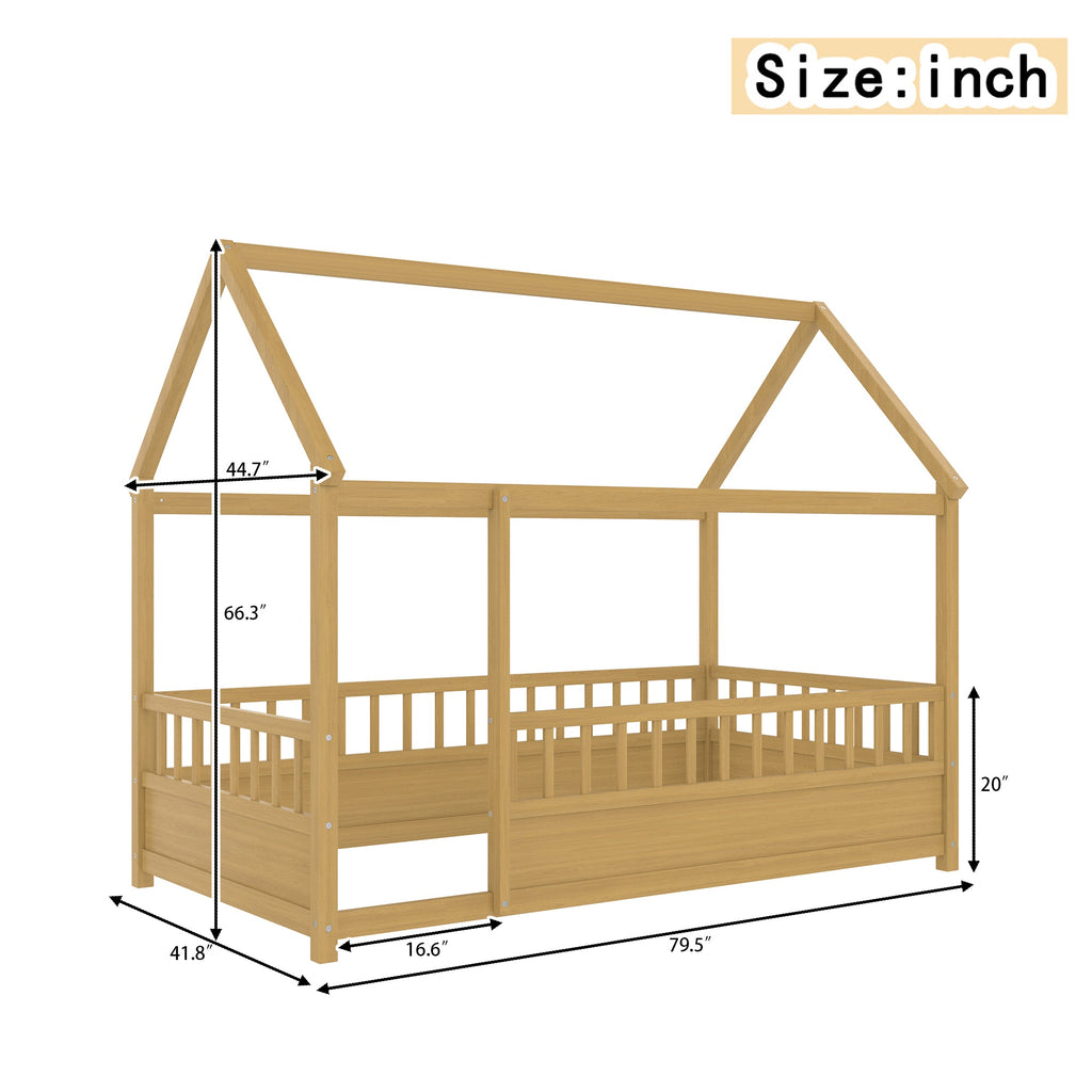 Twin Size Floor Wooden Bed with House Roof Frame - Pine