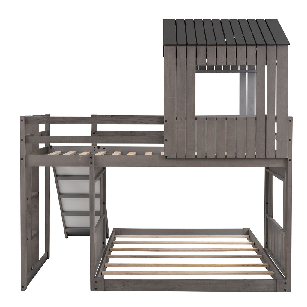 Loft Bunk Bed With Playhouse, Slide, and Guardrails - Twin Over Full