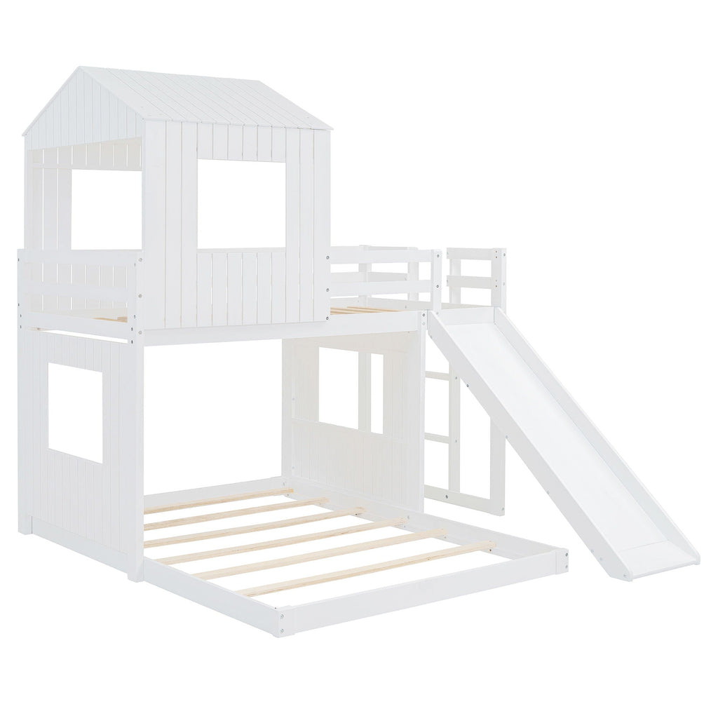 Loft Bunk Bed With Playhouse, Slide, and Guardrails - Twin Over Full