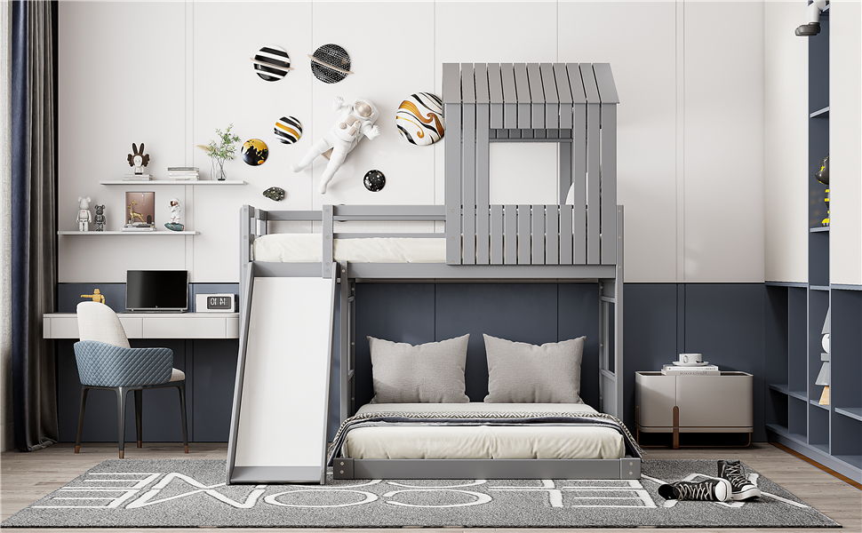 Loft Bunk Bed With Playhouse, Slide, and Guardrails - Twin Over Full
