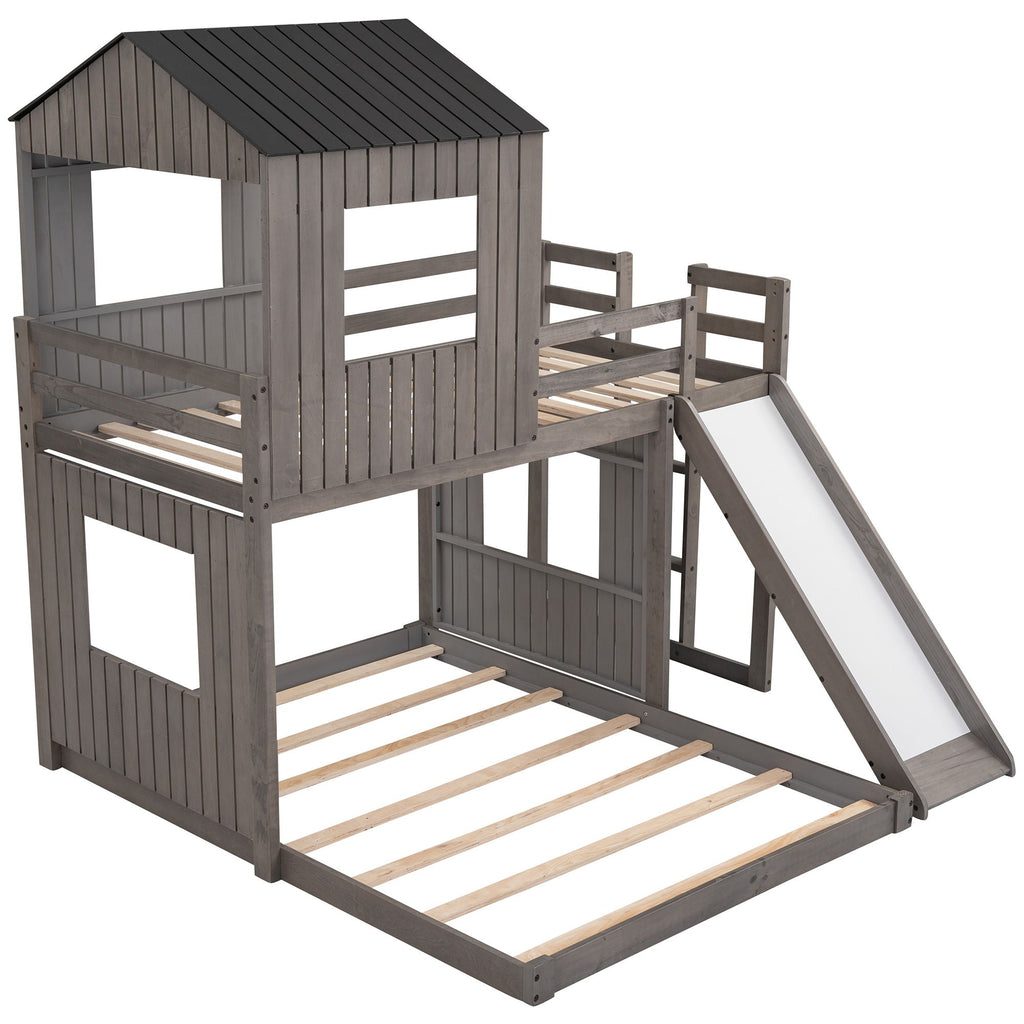 Loft Bunk Bed With Playhouse, Slide, and Guardrails - Twin Over Full
