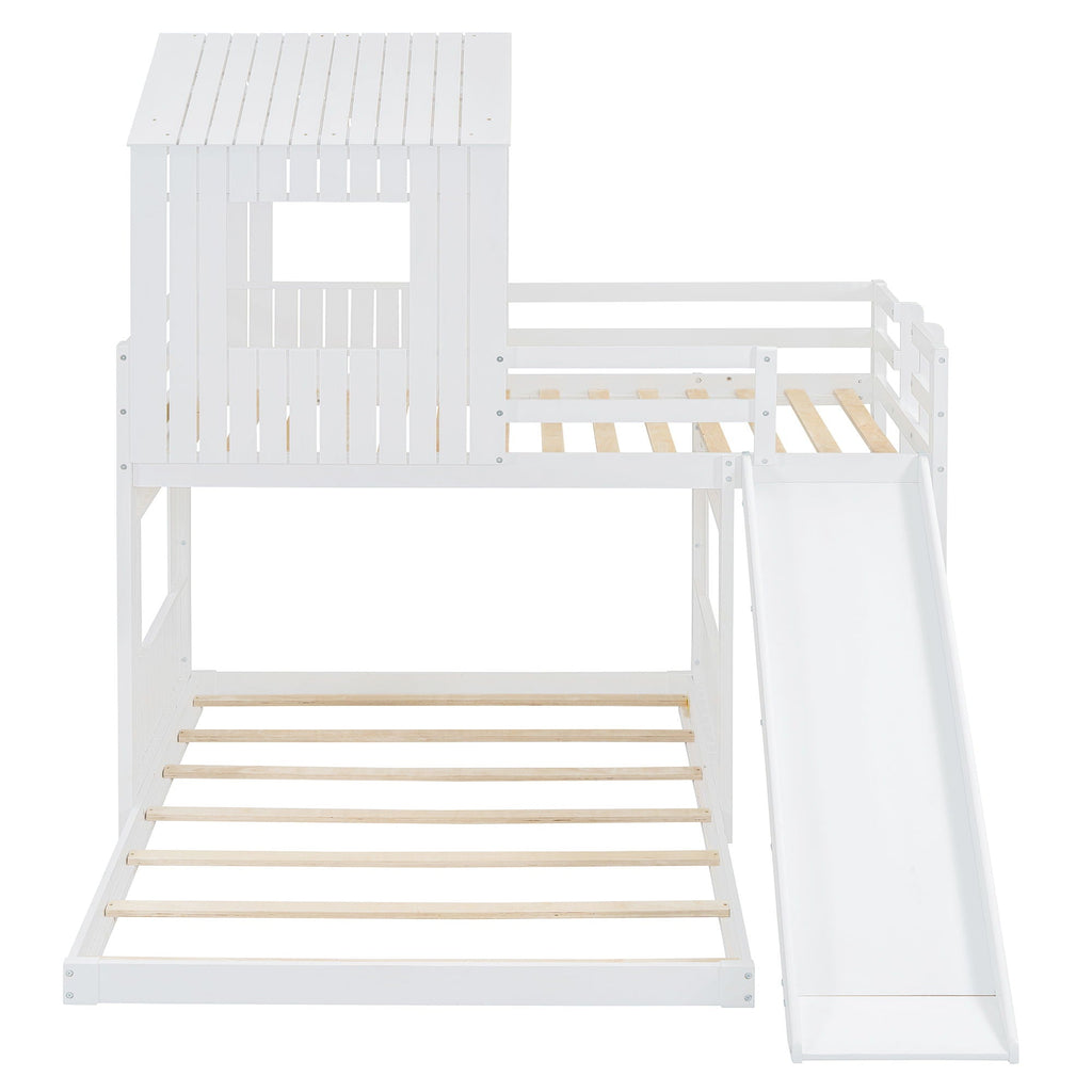 Loft Bunk Bed With Playhouse, Slide, and Guardrails - Twin Over Full