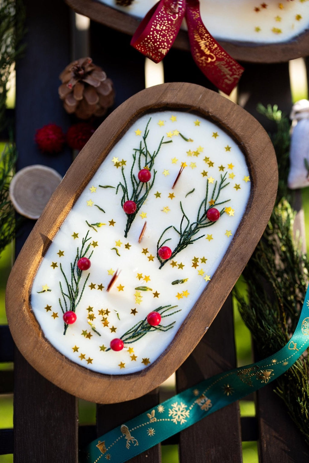 Festive Holiday Wood Dough Bowl Candle