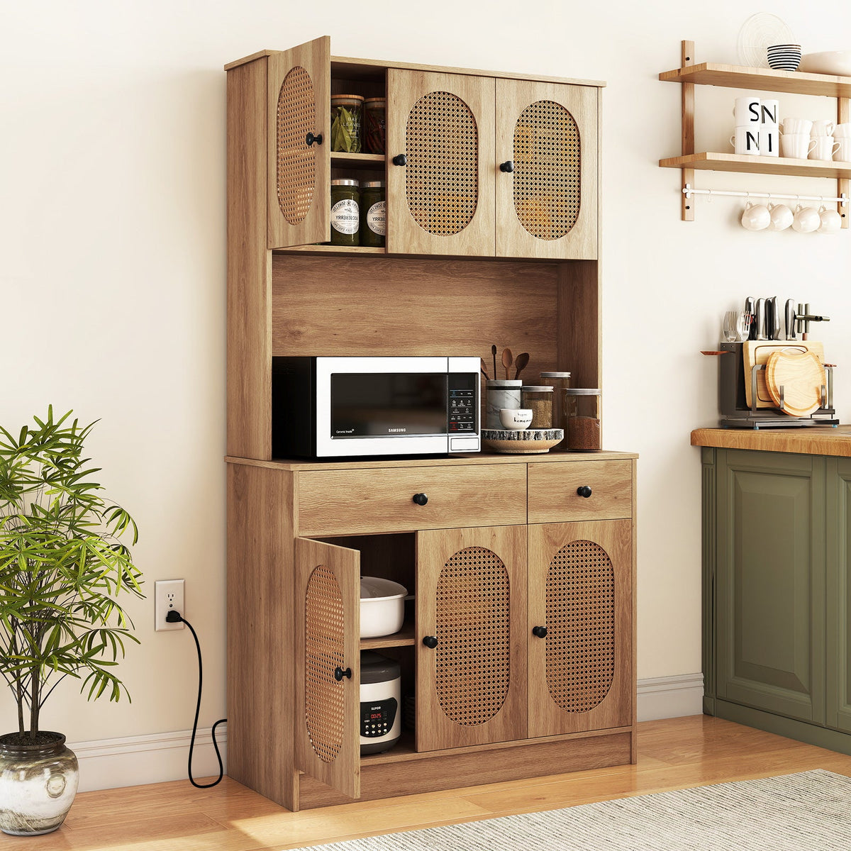 71 Inches Pantry Cabinet with Hutch and Charging Station-Natural