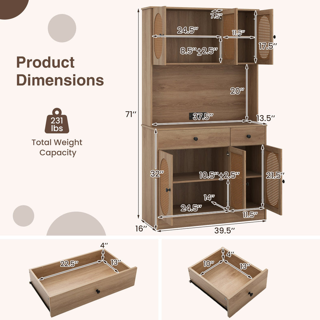 71 Inches Pantry Cabinet with Hutch and Charging Station-Natural