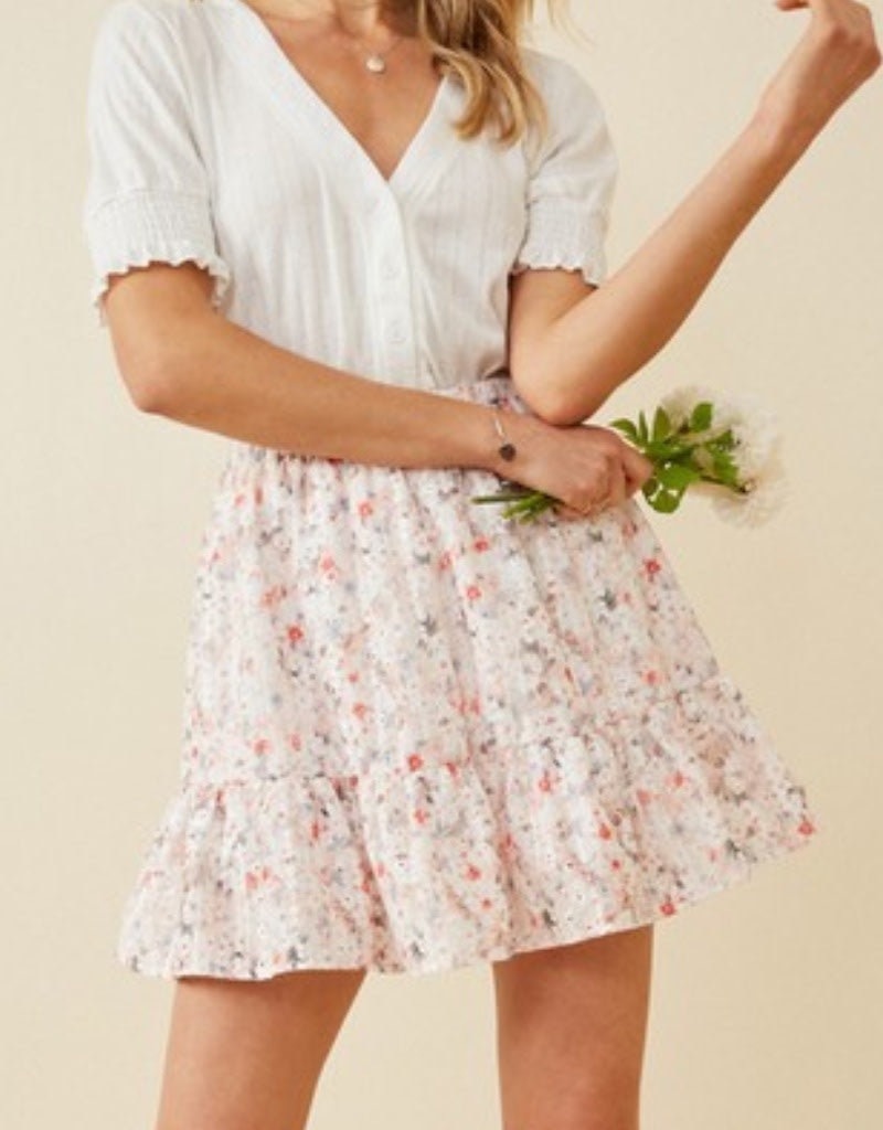 Eyelet Embroidered Floral Elastic Waist Skirt - Pink